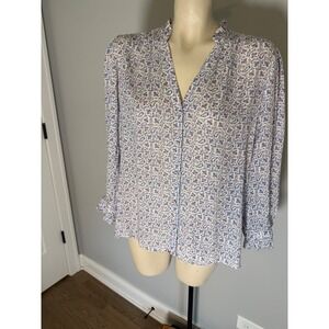 PAIGE Womens Blue Red Paisley Floral Ruffle Collar Button Down Blouse Size M